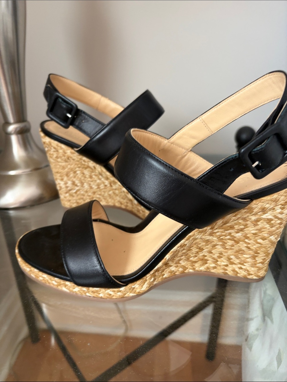 Black Wedge Sandals with Braided Espadrille Heel